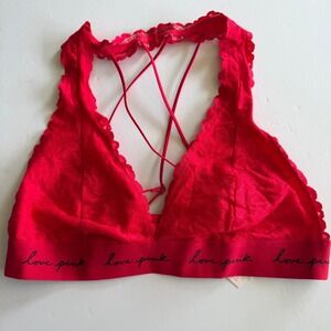 Victoria's Secret PINK Red Lace Strappy Back Bralette Logo Band Large